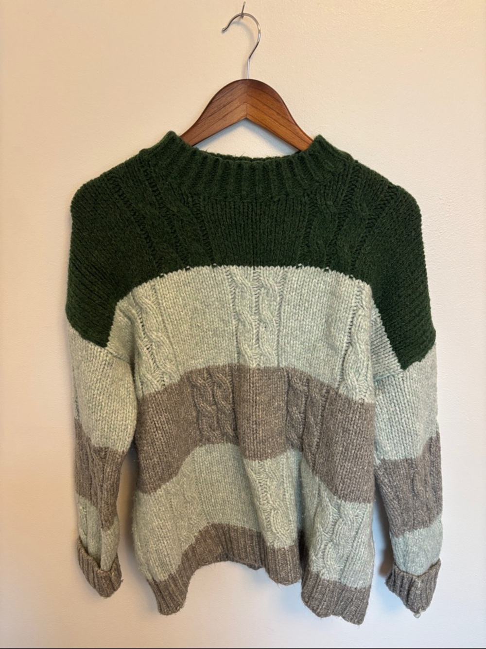 Doe & Rae Striped Cable Knit Sweater in Forest Green and Light Gray